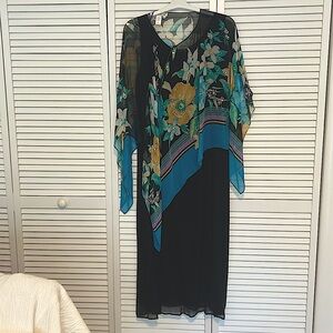 Long black shift dress dressy overlay. Worn once to a wedding